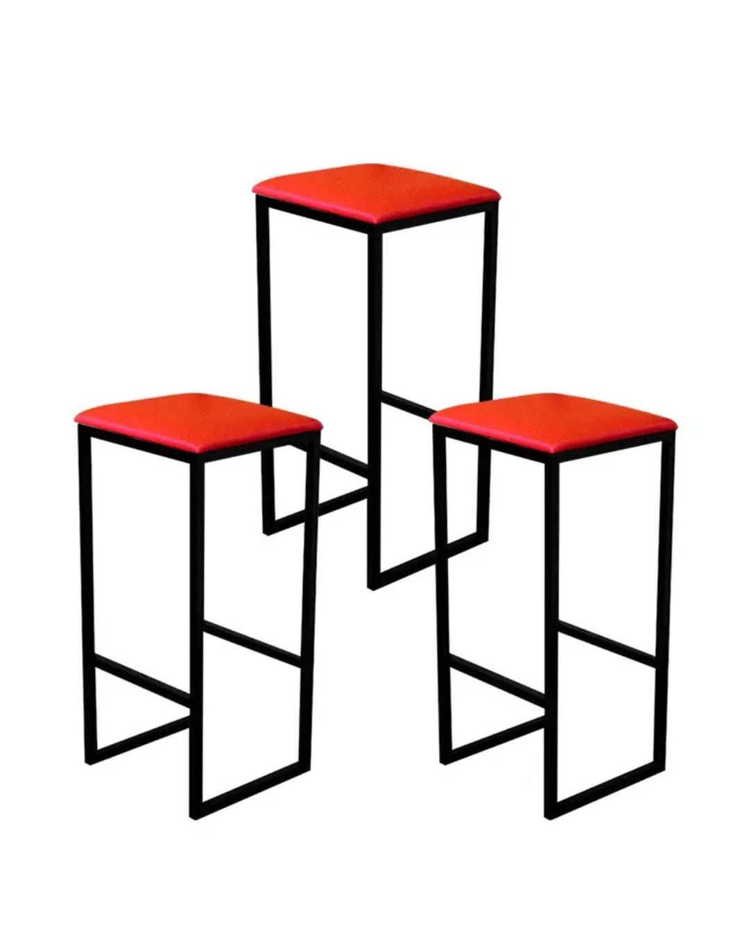 Jogo 3 Banqueta Alta Cozinha Balcão Bistrô Industrial Preta Assento Estofado Vermelho