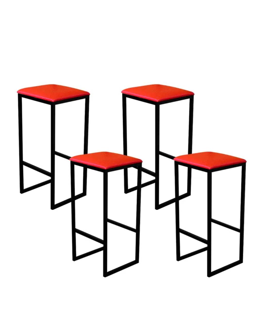 Jogo 4 Banqueta Alta Cozinha Balcão Bistrô Industrial Preta Assento Estofado Vermelho