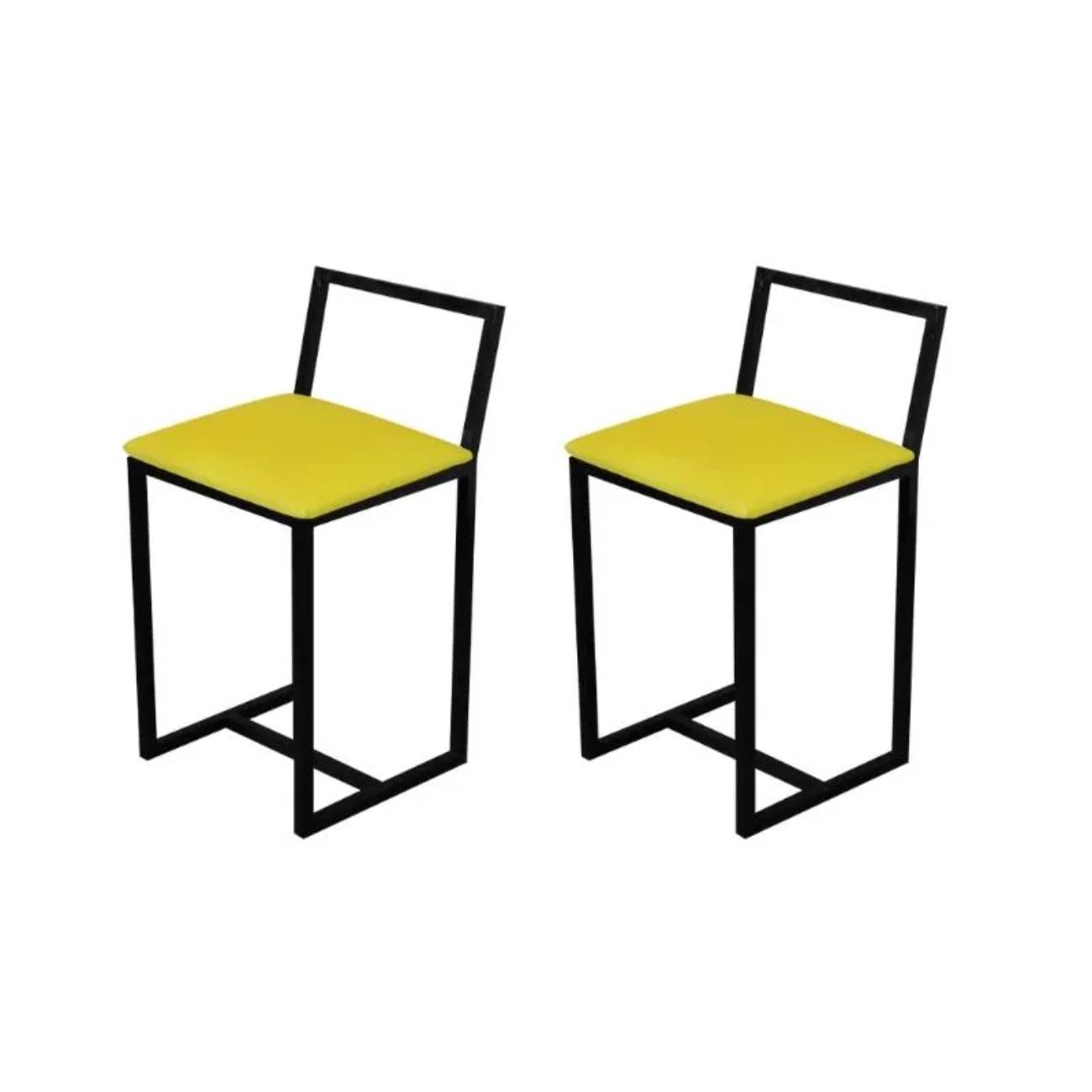 Kit 2 Banqueta Baixa Para Cozinha Preta Industrial Assento Estofado Amarelo