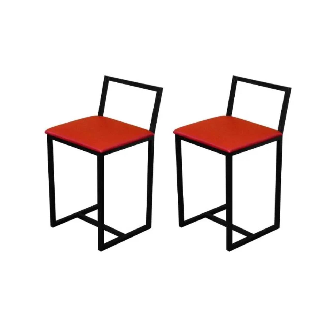 Kit 2 Banqueta Baixa Para Cozinha Preta Industrial Assento Estofado Vermelho