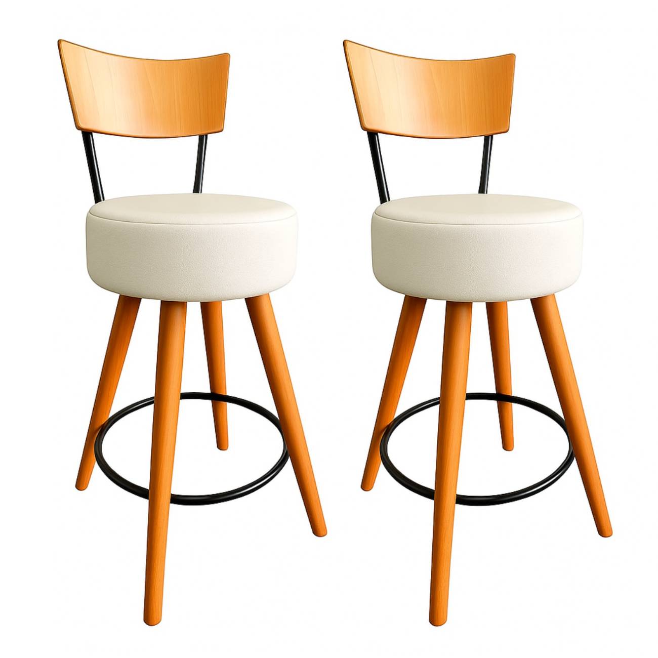 Kit 2 Banqueta Média Cozinha Estofada Off-White Com Encosto Madeira Urban