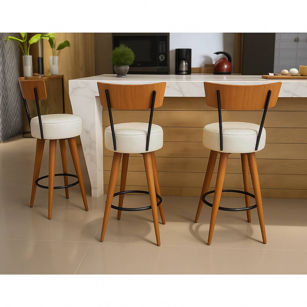 Kit 3 Banqueta Alta Cozinha Estofada Off-White Com Encosto Madeira Urban