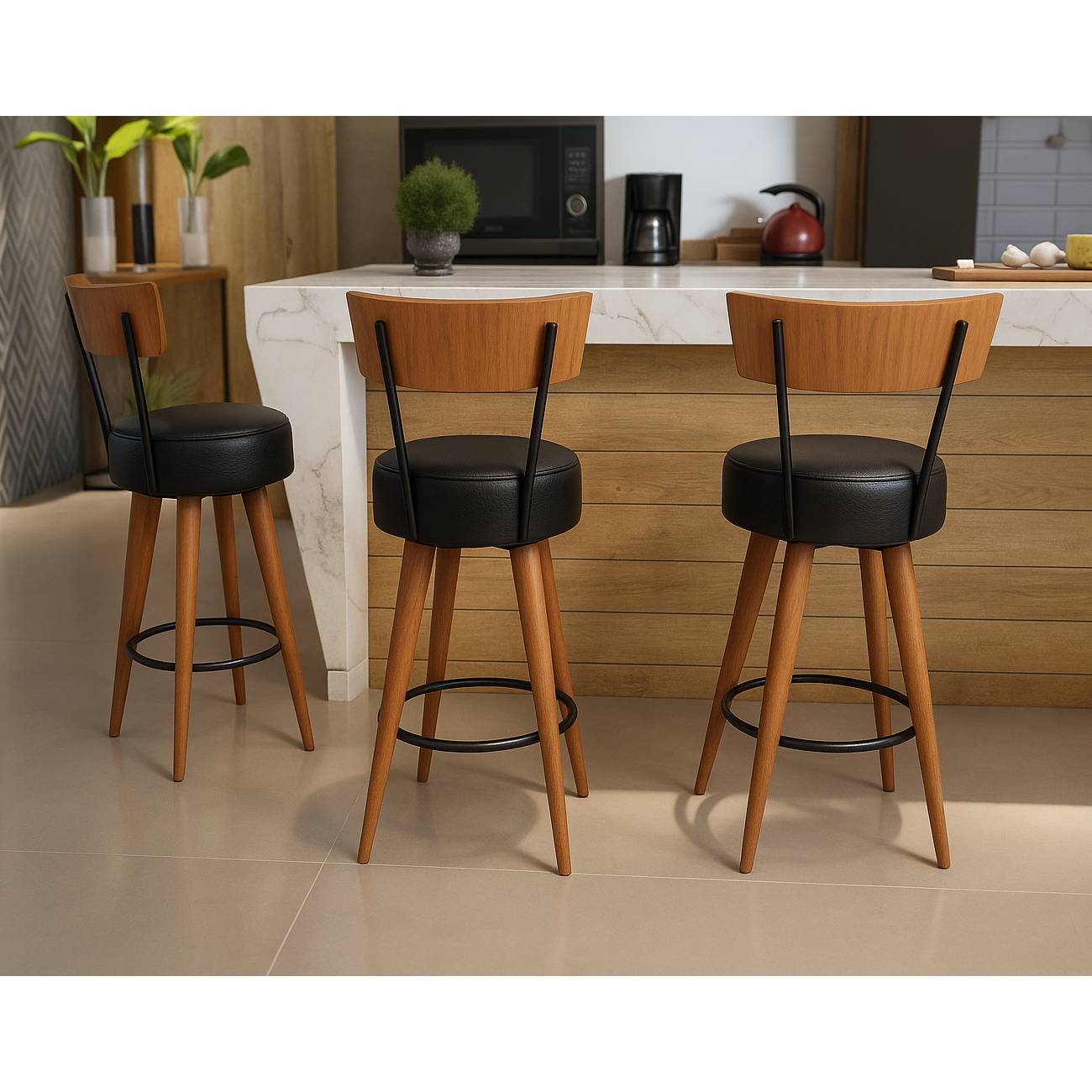 Kit 3 Banqueta Alta Cozinha Estofada Preta Com Encosto Madeira Urban