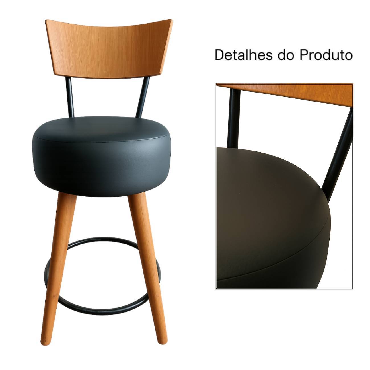 Kit 3 Banqueta Alta Cozinha Estofada Preta Com Encosto Madeira Urban