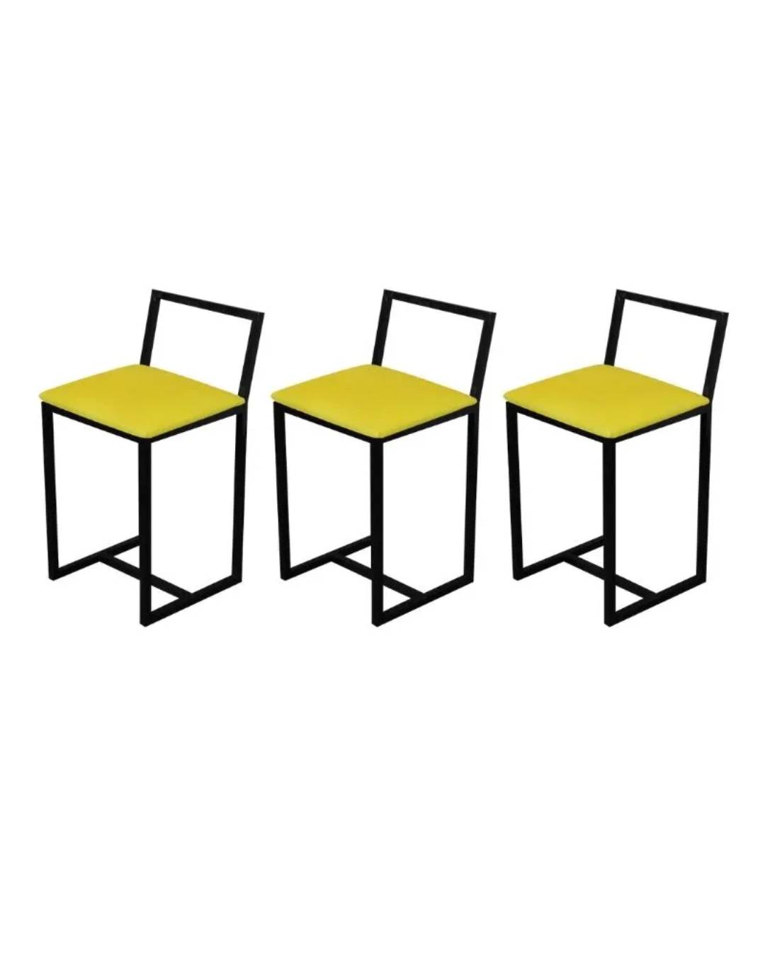 Kit 3 Banqueta Baixa Para Cozinha Preta Industrial Assento Estofado Amarelo