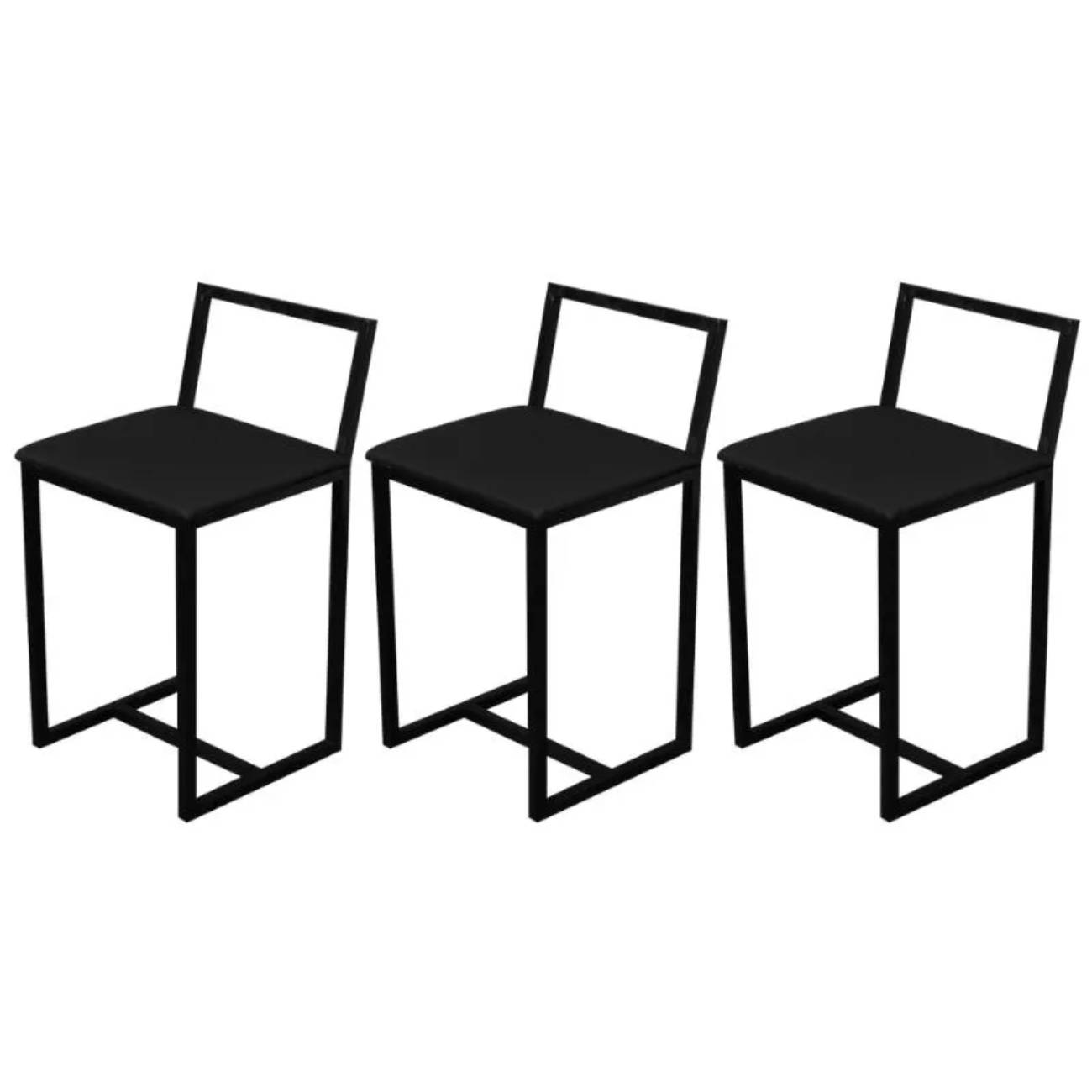 Kit 3 Banqueta Baixa Para Cozinha Preta Industrial Assento Estofado Preto