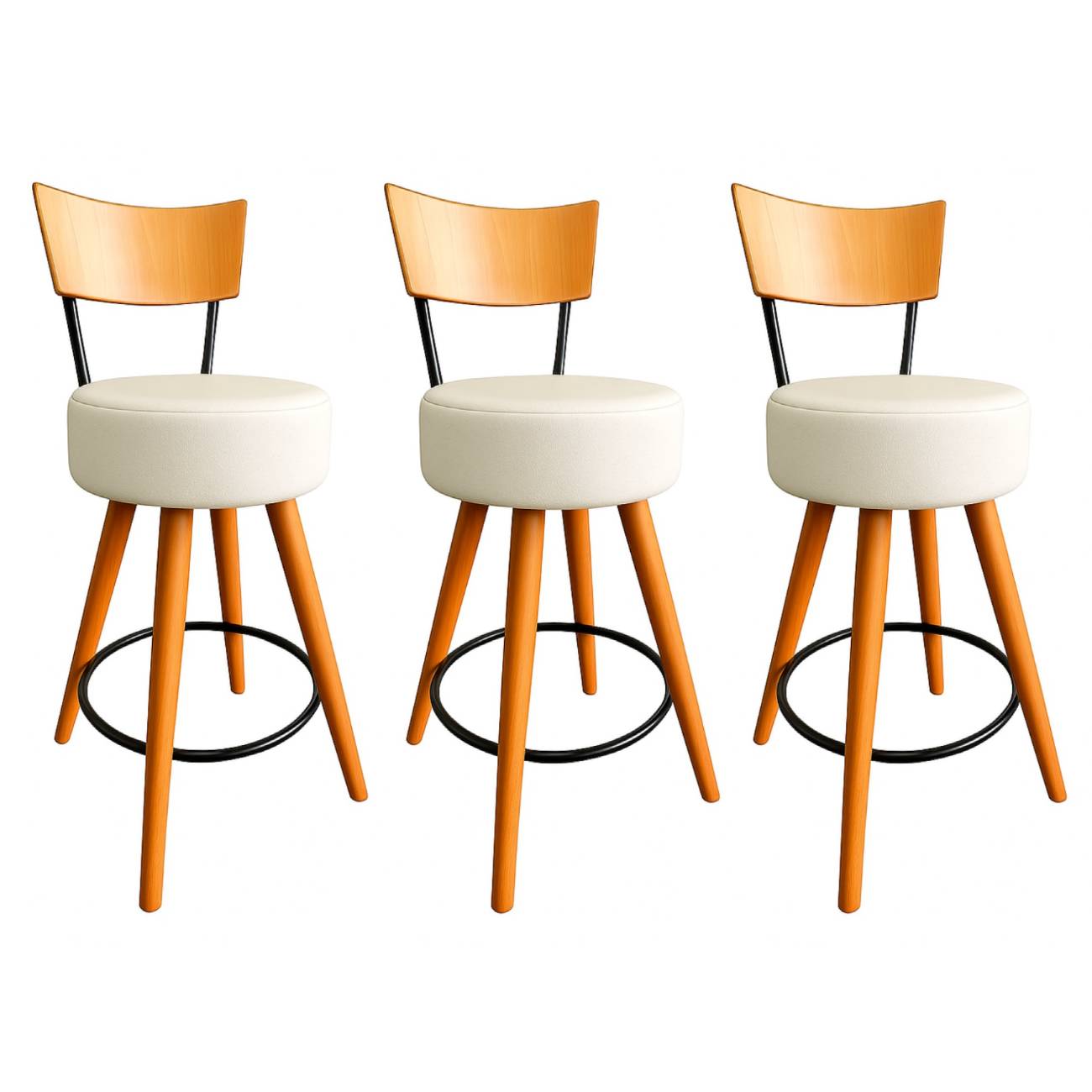 Kit 3 Banqueta Média Cozinha Estofada Off-White Com Encosto Madeira Urban
