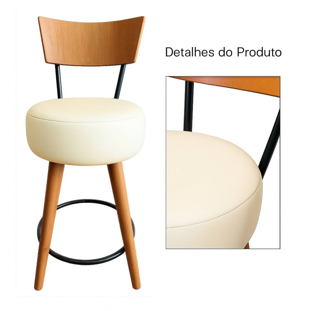 Kit 3 Banqueta Média Cozinha Estofada Off-White Com Encosto Madeira Urban