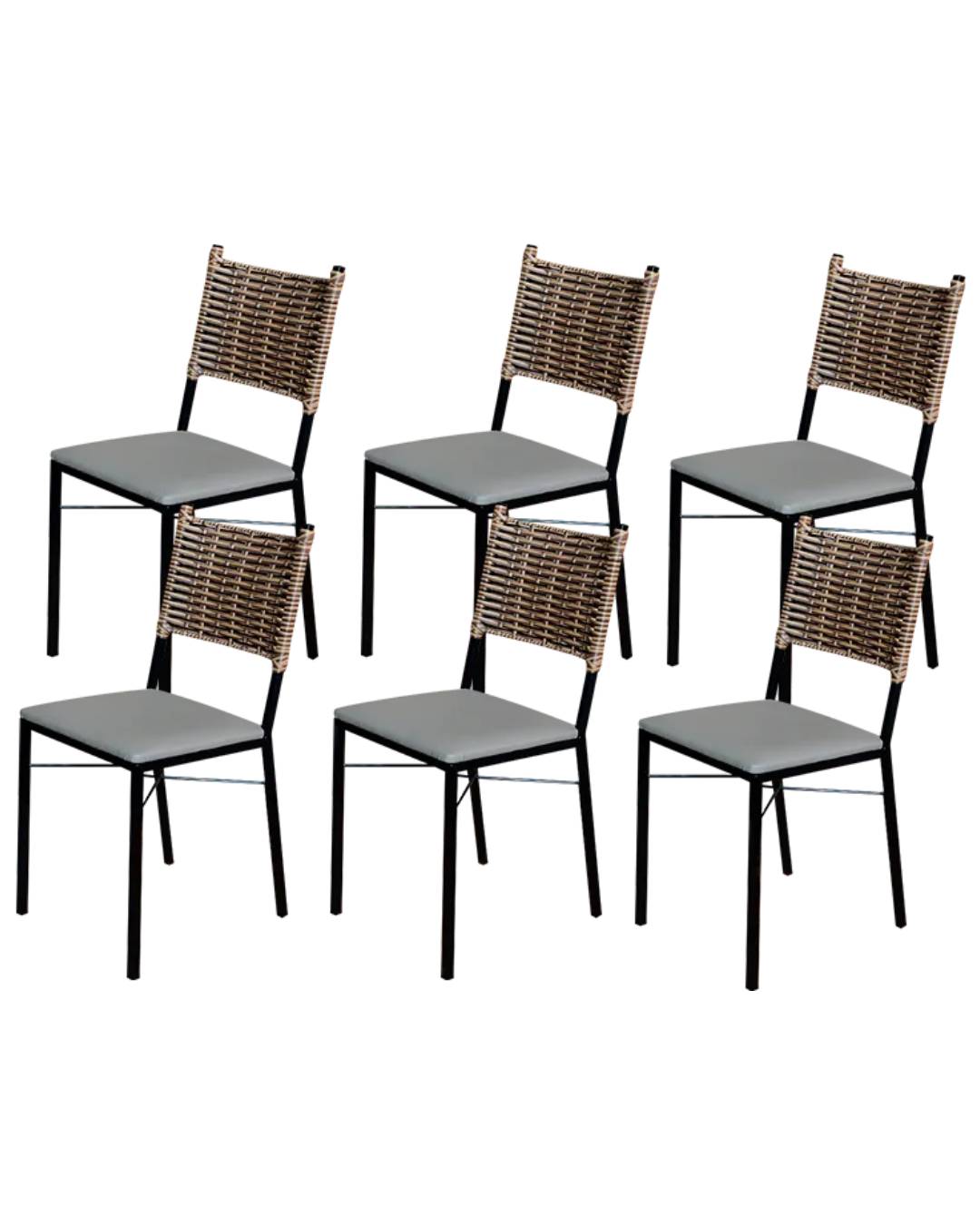 Kit 6 Cadeiras Para Cozinha Preta Ratan Cappuccino Assento Estofado Cinza
