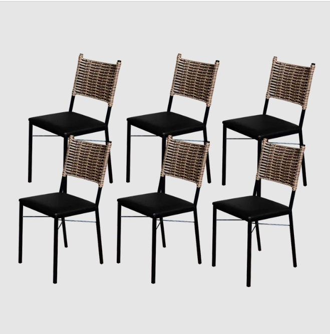 Kit 6 Cadeiras Para Cozinha Preta Ratan Cappuccino Assento Estofado Preto