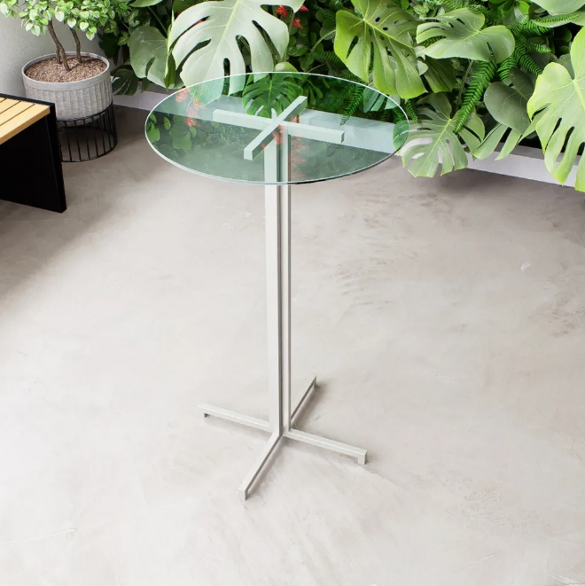 Mesa Alta Bar Bistrô Redonda 100x60cm Branca Tampo Vidro Industrial