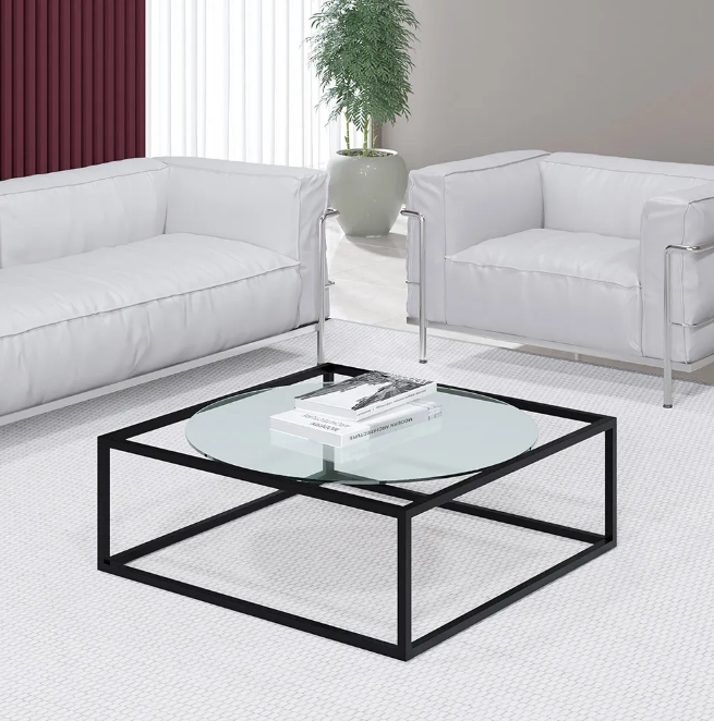 Mesa De Centro Sala 64x64x33cm Aço Preto e Vidro Industrial Moon