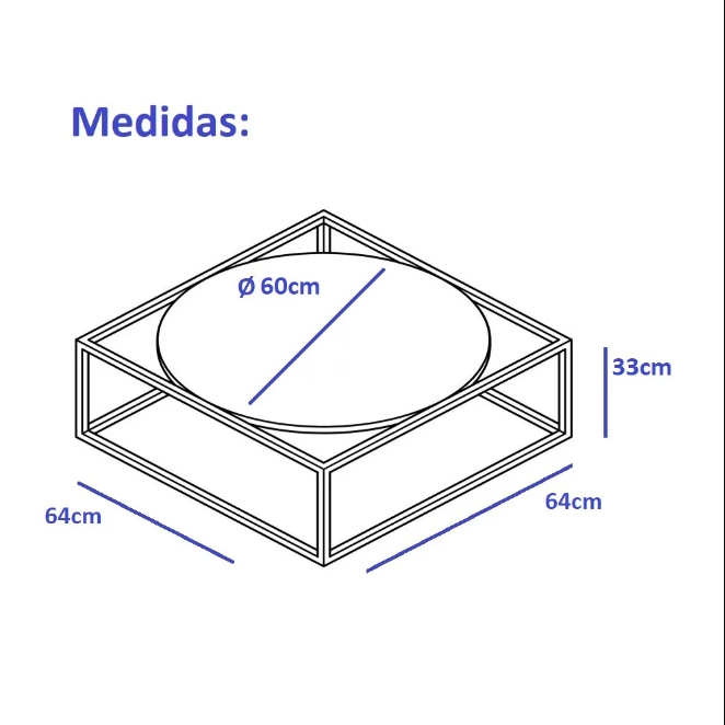 Mesa De Centro Sala 64x64x33cm Aço Preto e Vidro Industrial Moon