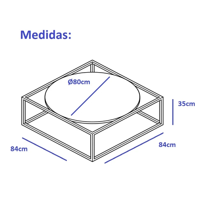 Mesa De Centro Sala 84x84x35cm Aço Branco e Vidro Industrial Moon
