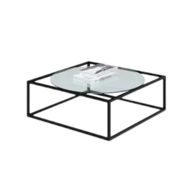 Mesa De Centro Sala 84x84x35cm Aço Preto e Vidro Industrial Moon