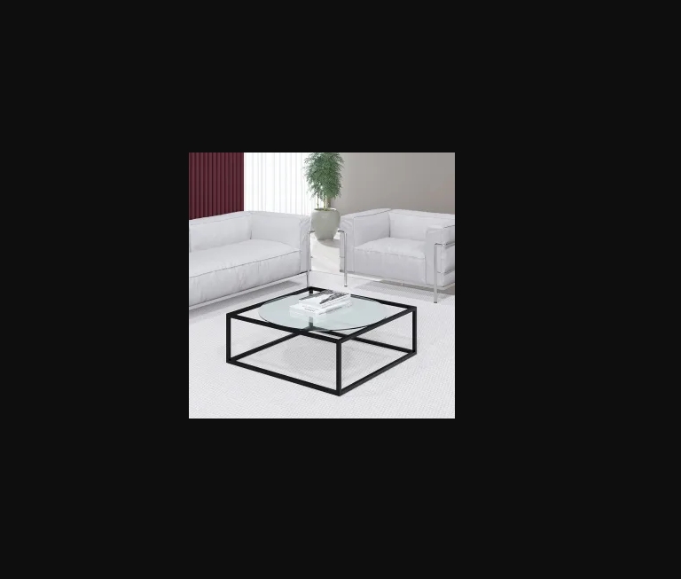 Mesa De Centro Sala 84x84x35cm Aço Preto e Vidro Industrial Moon