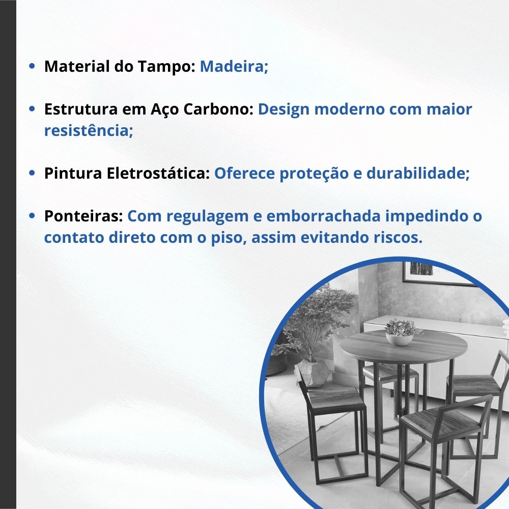 Mesa Redonda Industrial Preto 80cm Tampo Madeira Preto