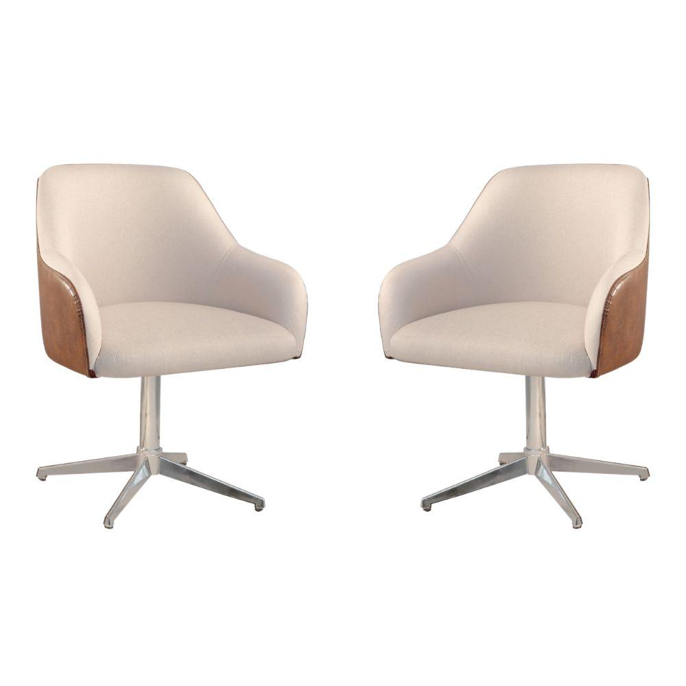 Conjunto Poltronas Decorativa Hera Linho Nude Couro Caramelo com Base Giratória em Alumínio