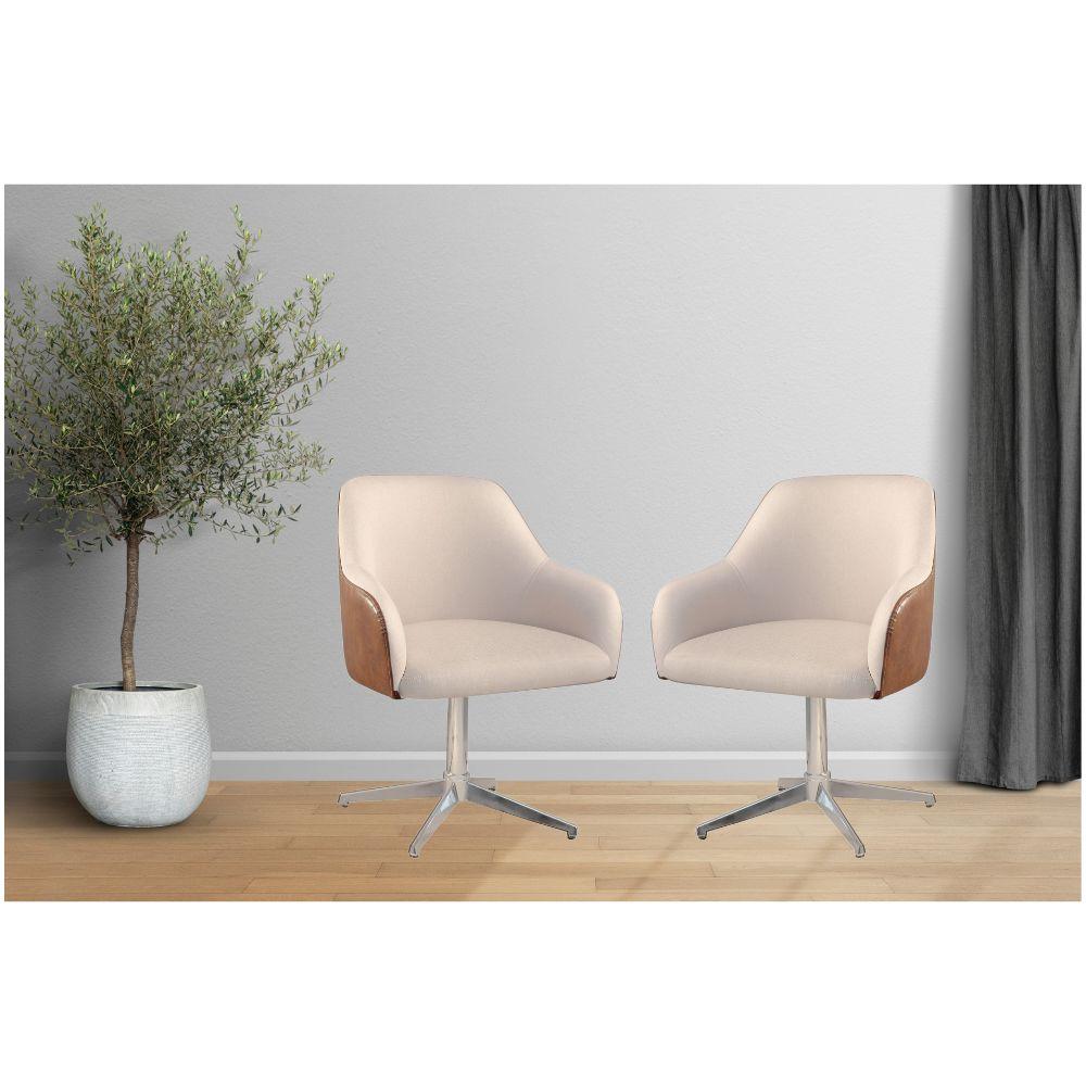 Conjunto Poltronas Decorativa Hera Linho Nude Couro Caramelo com Base Giratória em Alumínio