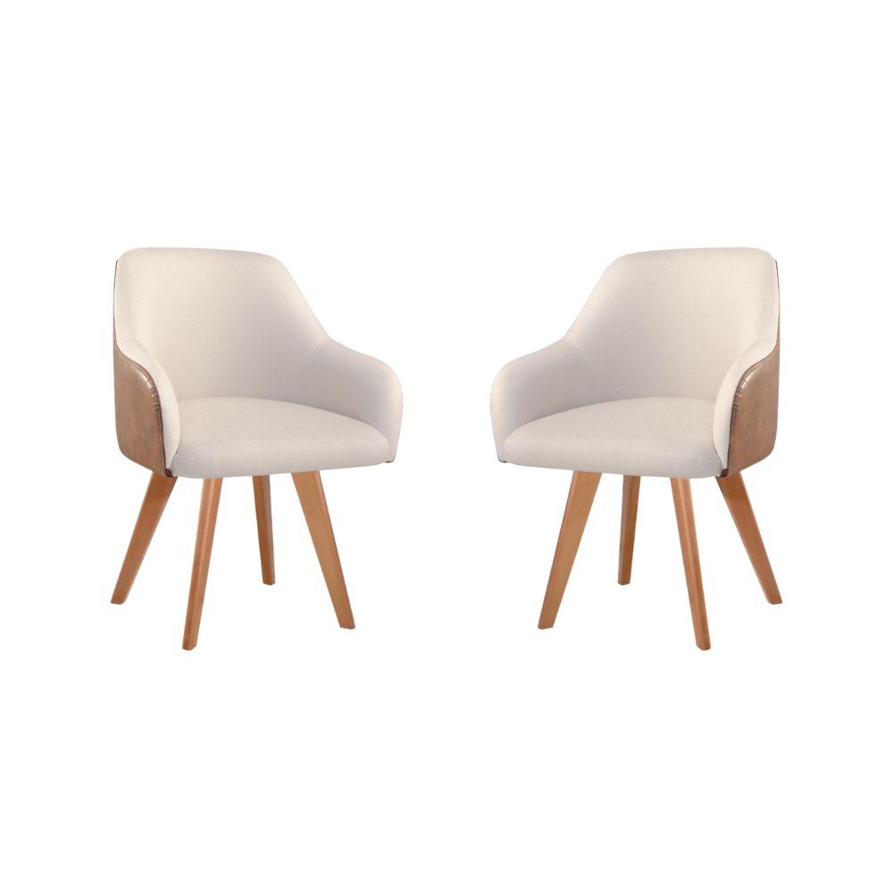 Conjunto Poltronas Decorativa Hera Linho Nude Couro Caramelo com Pés em Madeira