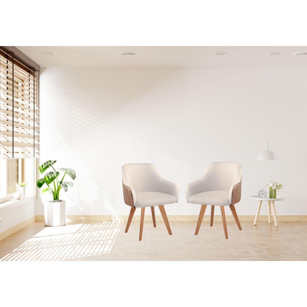 Conjunto Poltronas Decorativa Hera Linho Nude Couro Caramelo com Pés em Madeira