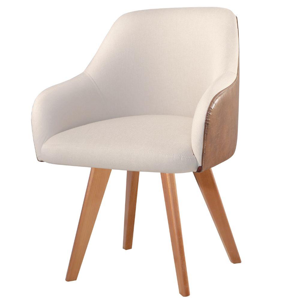 Conjunto Poltronas Decorativa Hera Linho Nude Couro Caramelo com Pés em Madeira