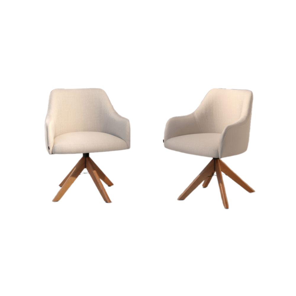 Conjunto Poltronas Decorativa Hera Linho Nude com Base Giratória em Madeira