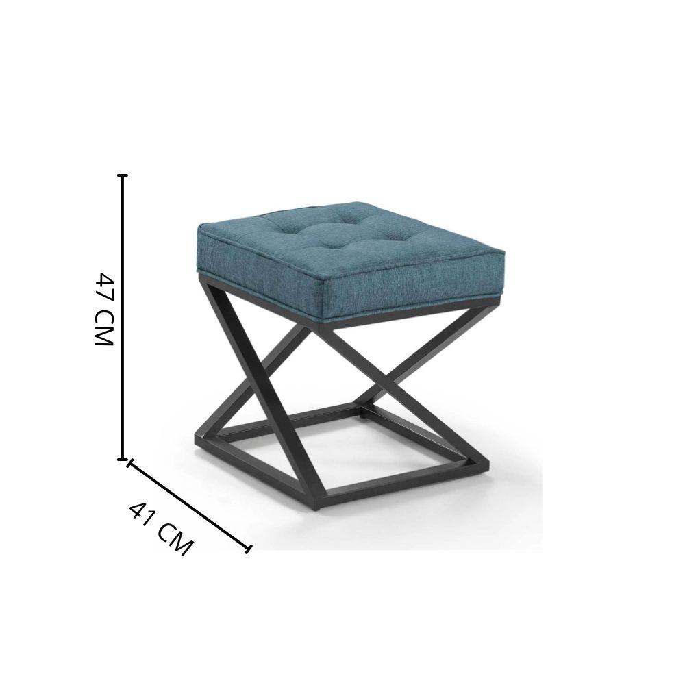 Puff Quadrado Mônaco Linho Azul Pés Metal Preto