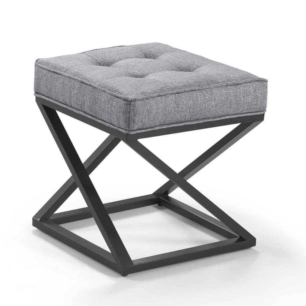 Puff Quadrado Mônaco Linho Cinza Pés Metal Preto