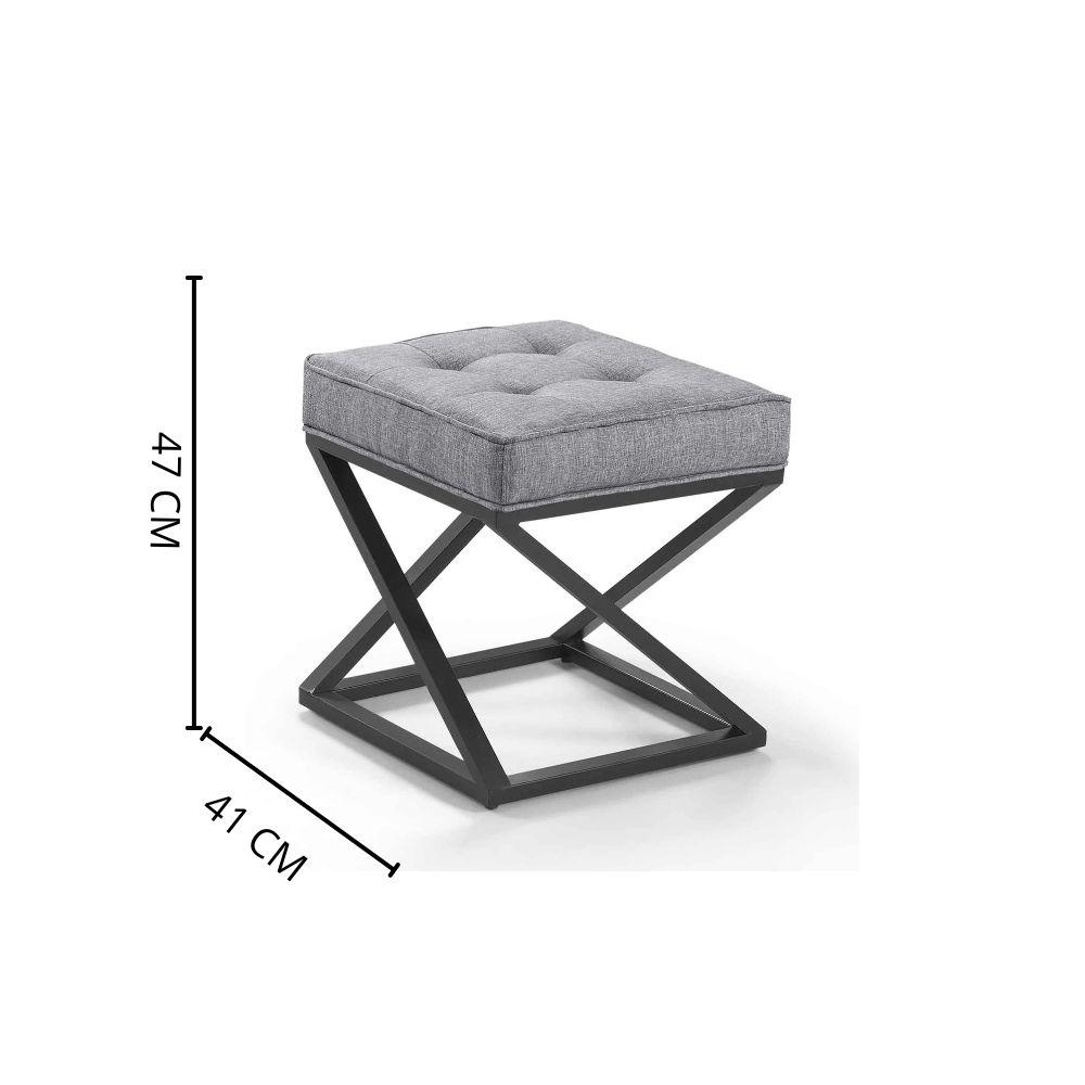 Puff Quadrado Mônaco Linho Cinza Pés Metal Preto