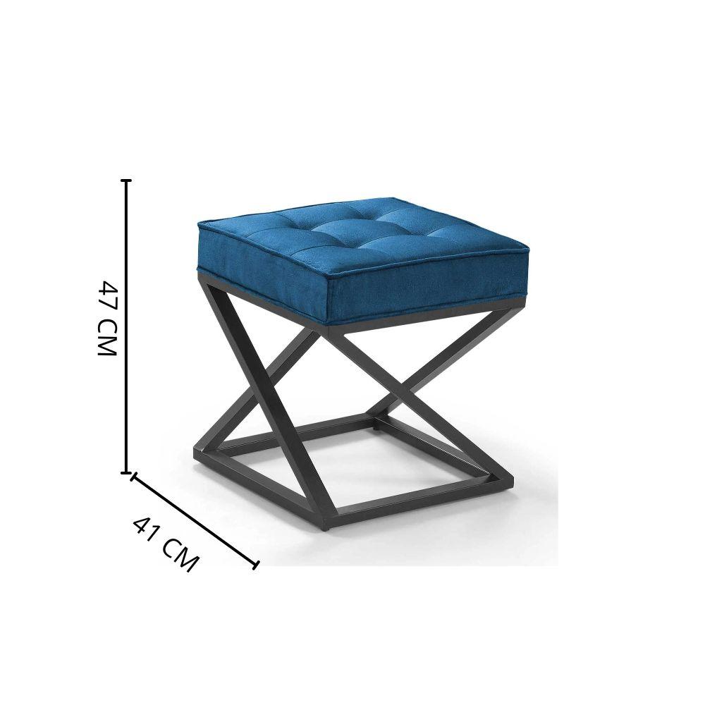 Puff Quadrado Mônaco Veludo Azul Pés Metal Preto