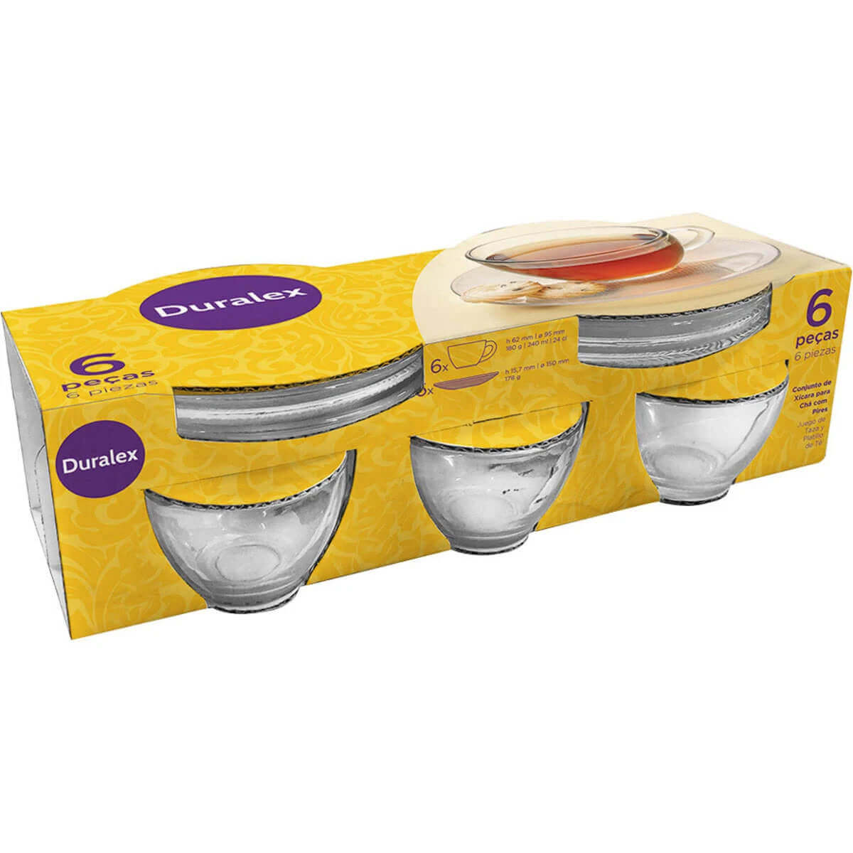 Conjunto 6 Xícaras De Vidro Com Pires 170ml Jogo Transparente Café E Chá Duralex