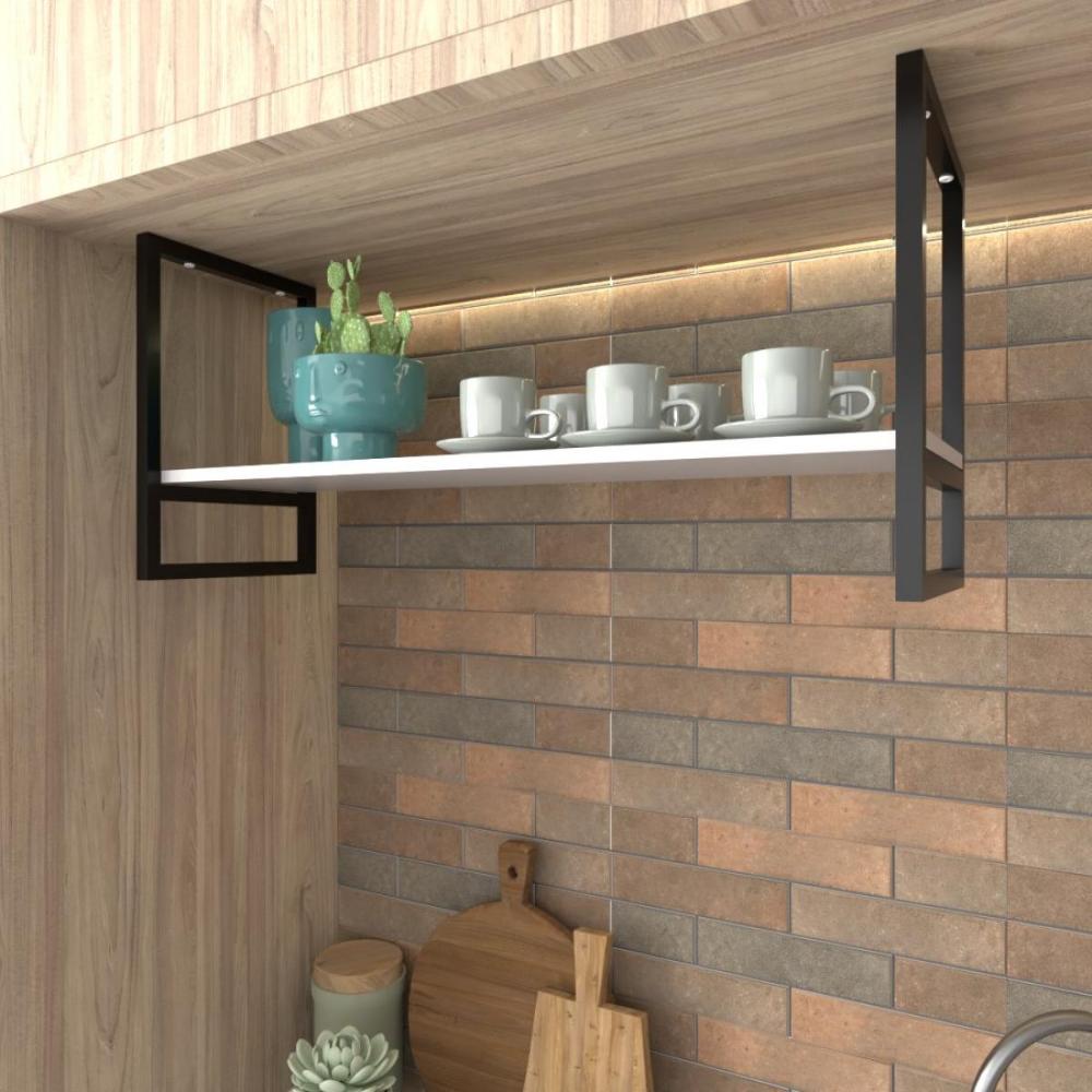 Prateleira Suspensa Teto Cozinha suporte industrial nicho industrial nichos para cozinha Prateleira de ferro e madeira