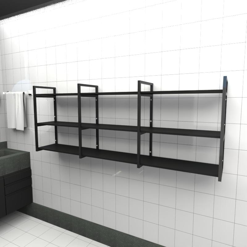 Prateleira industrial banheiro aço cor preto 180x30x68cm (C)x(L)x(A) cor mdf preto modelo ind35pb