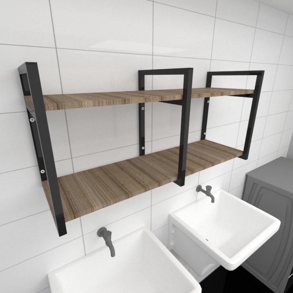 Prateleira industrial lavanderia aço preto 30cm amadeirado ind22a