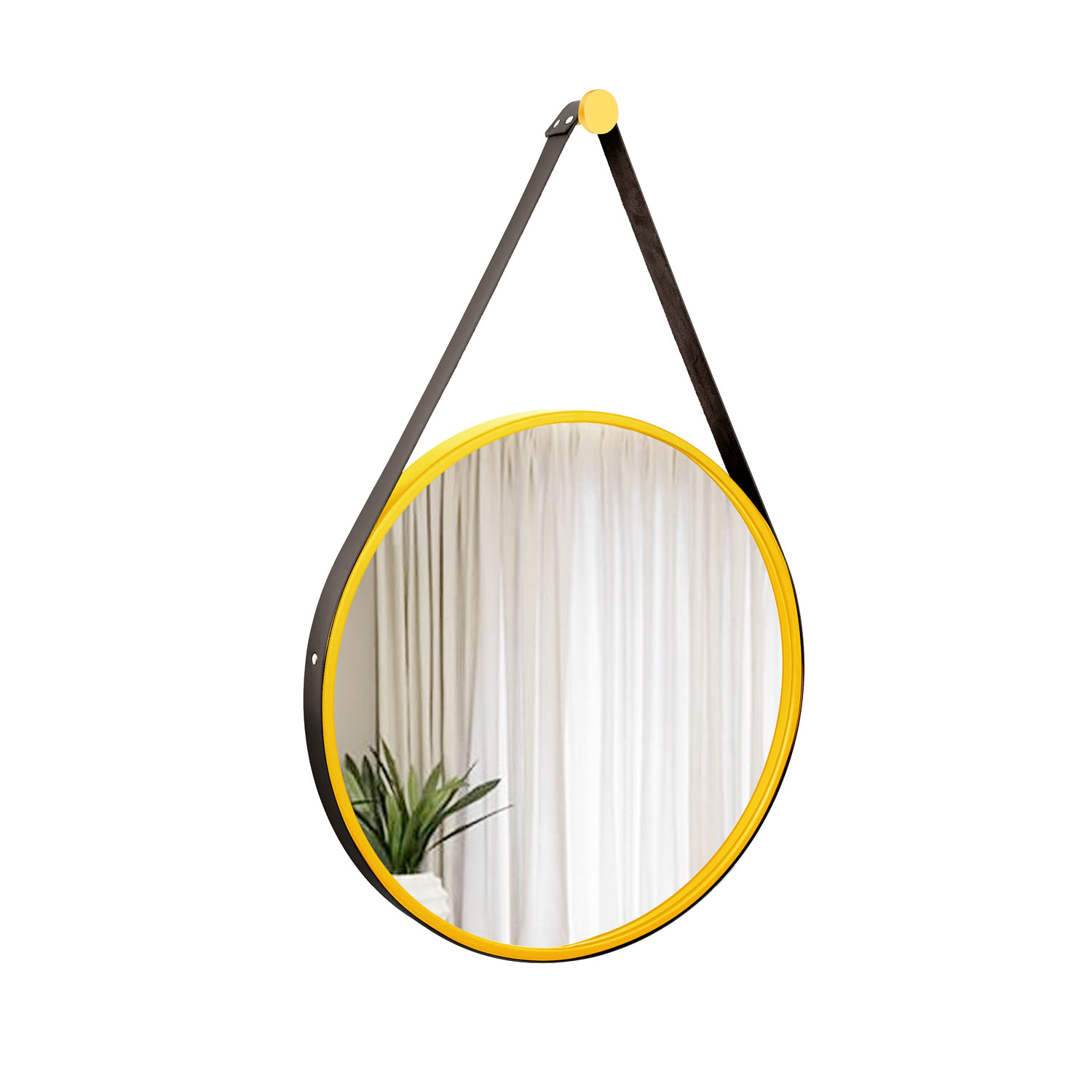 Espelho Decorativo Adnet Amarelo Alça Courino Preta 60 Cm Redondo Amarelo/Preto, 60 cm