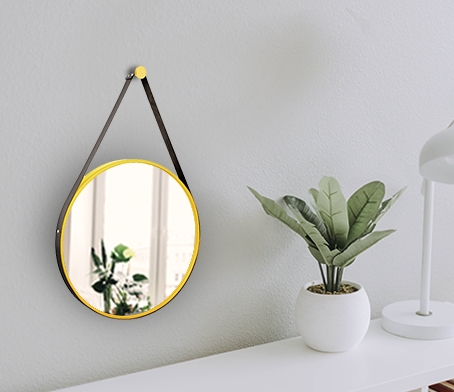Espelho Decorativo Adnet Amarelo Alça Courino Preta 60 Cm Redondo Amarelo/Preto, 60 cm
