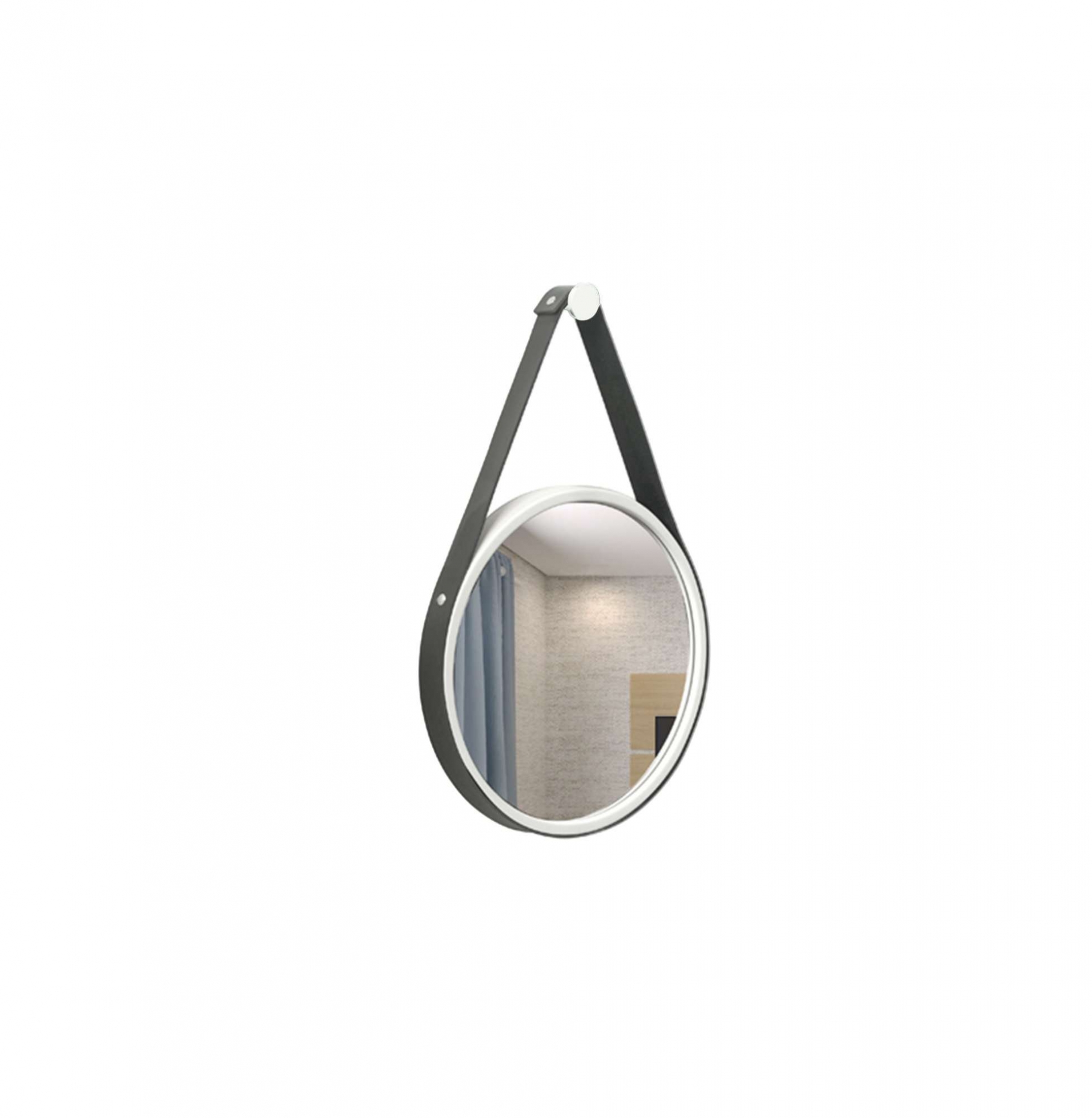Espelho Decorativo Adnet Branco Alça Corino Preto 30 cm Redondo 