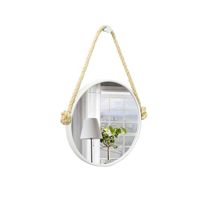 Espelho Decorativo Adnet Branco Alça Sisal Natural 40 cm Redondo 40 cm