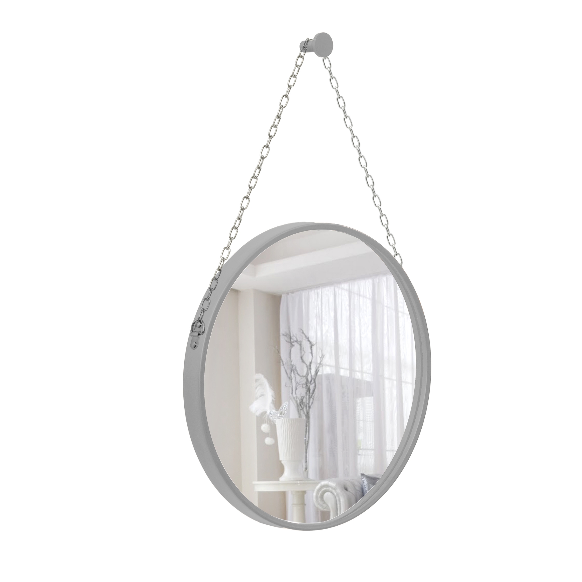 Espelho Decorativo Adnet Cinza Alça Corrente Cromada 50 cm Redondo