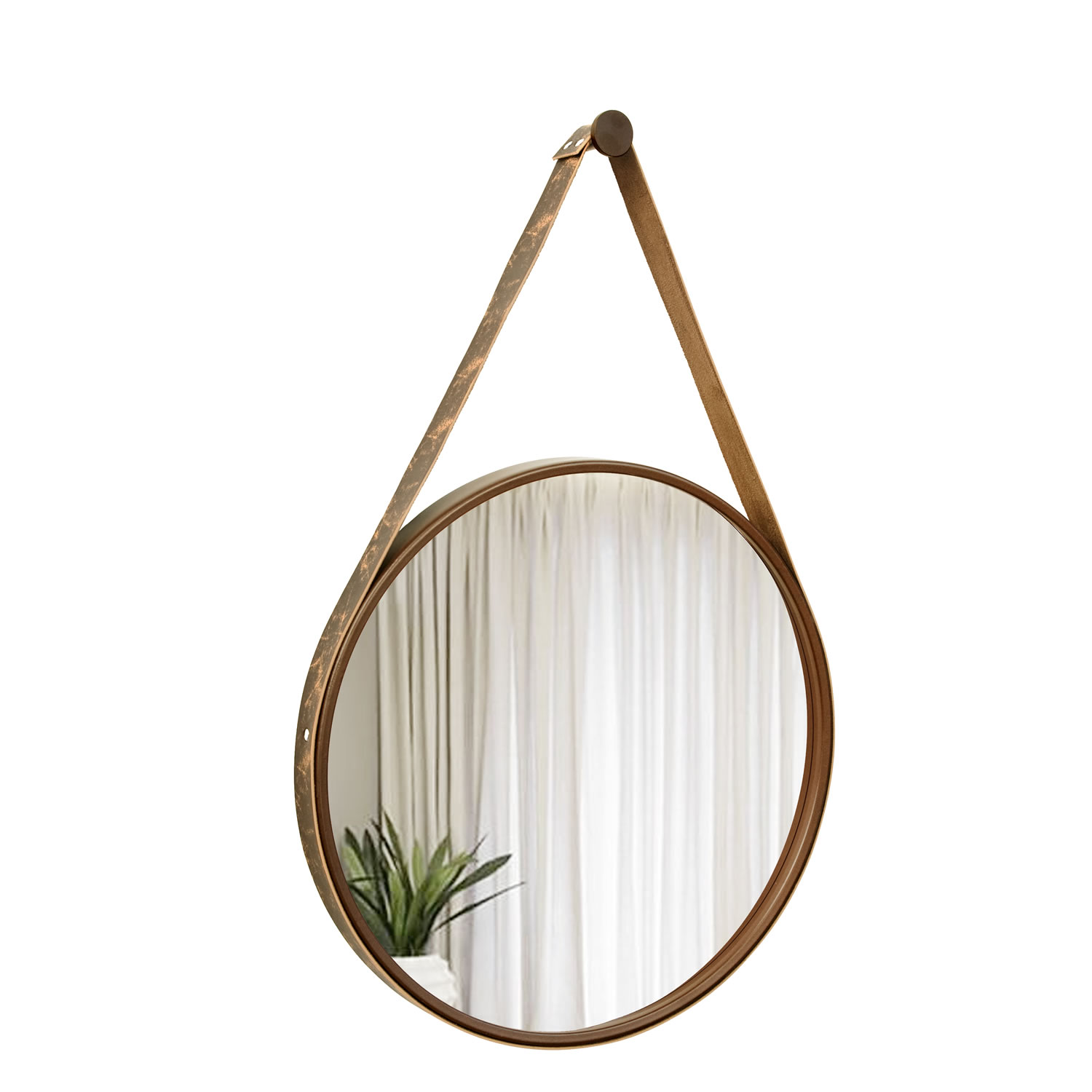 Espelho Decorativo Adnet Marrom Alça Courino Rajada 60 Cm Redondo Marrom/Rajado, 60 cm