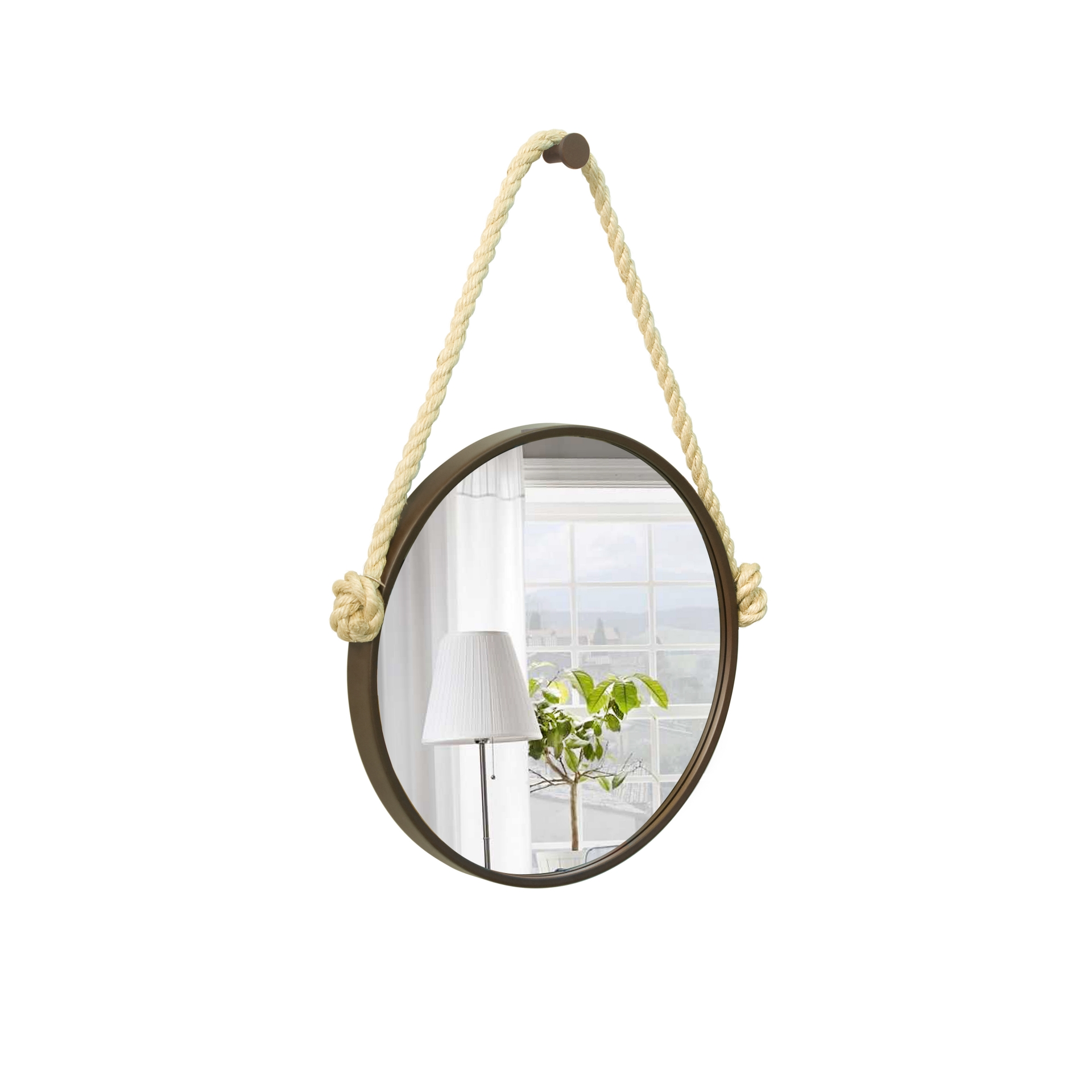 Espelho Decorativo Adnet Marrom Alça Sisal Natural 60 Cm Redondo 60 cm