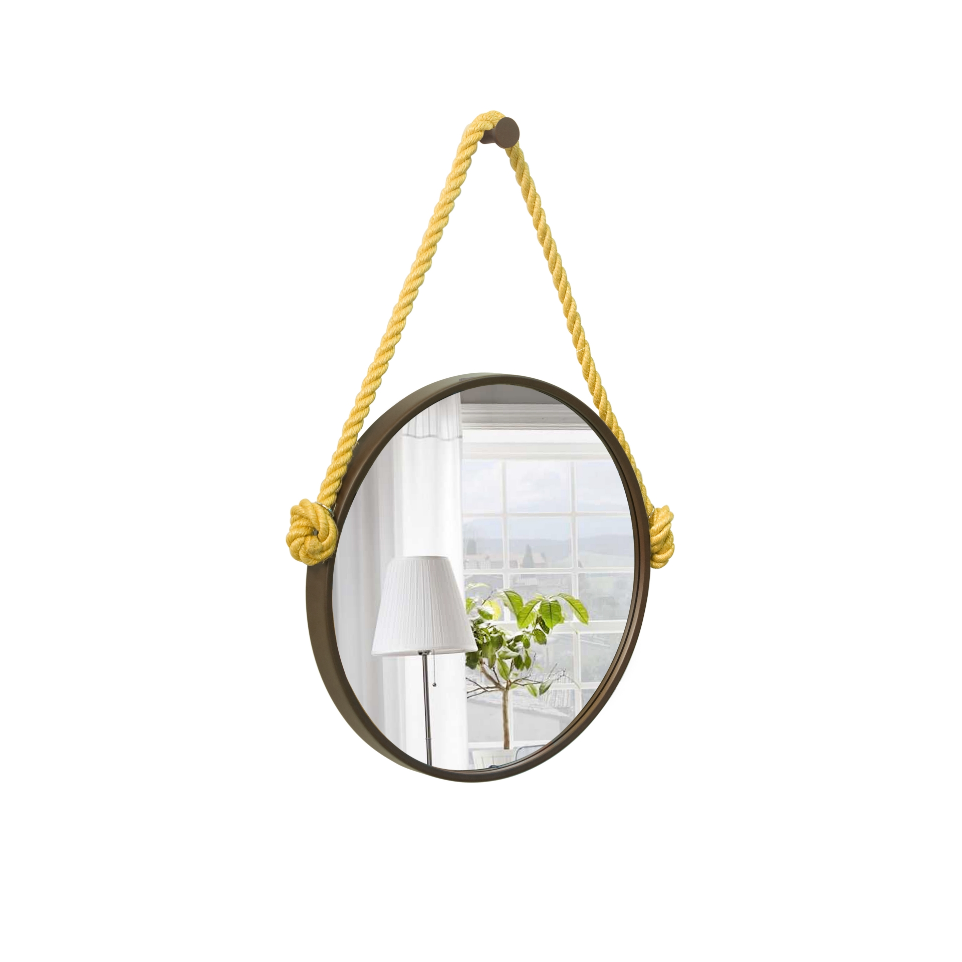 Espelho Decorativo Adnet Marrom Alça Sisal Yellow 40 Cm Redondo 40 cm