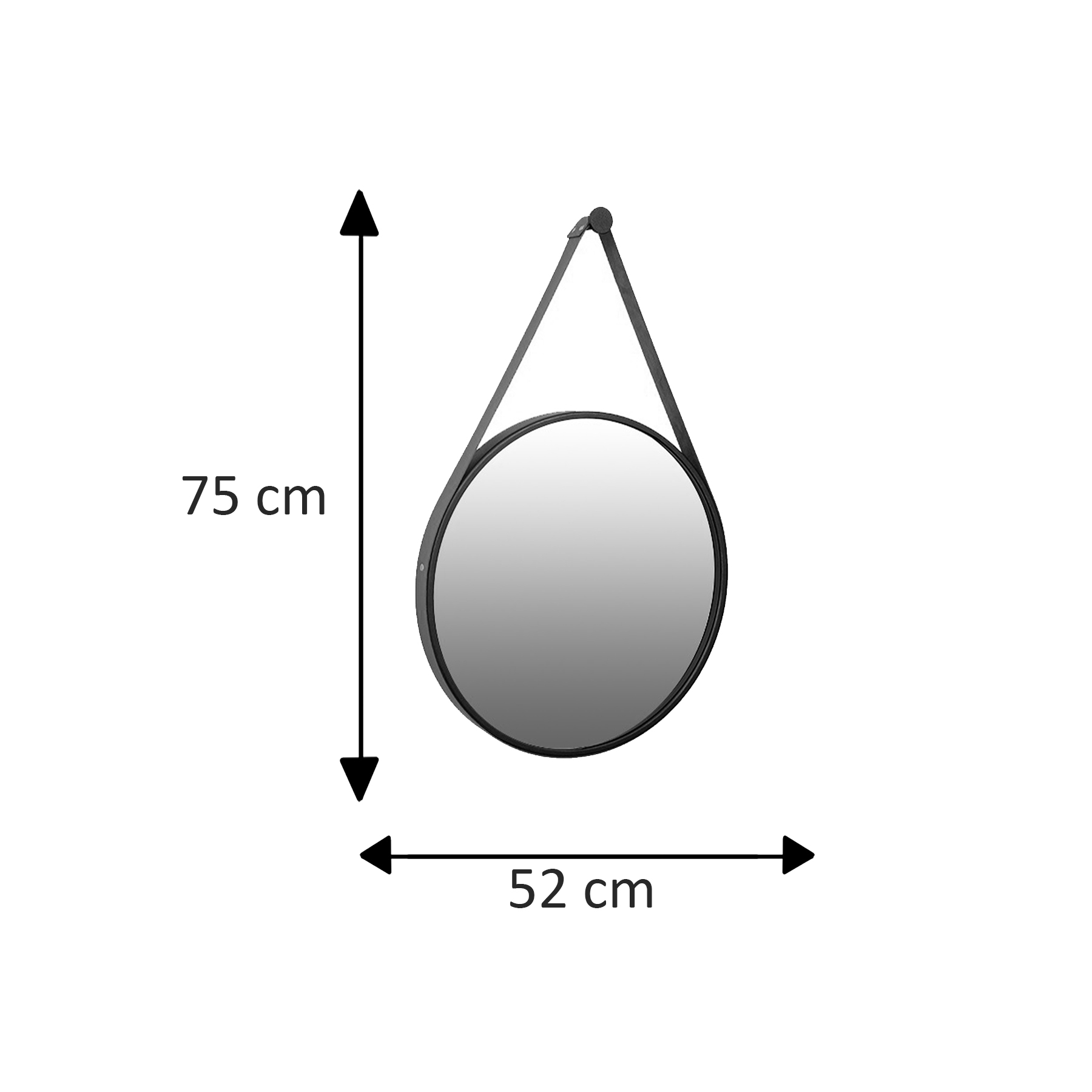 Espelho Decorativo Adnet Preto Alça Corino Caramelo 50 cm Redondo Preto/Caramelo, 50 cm