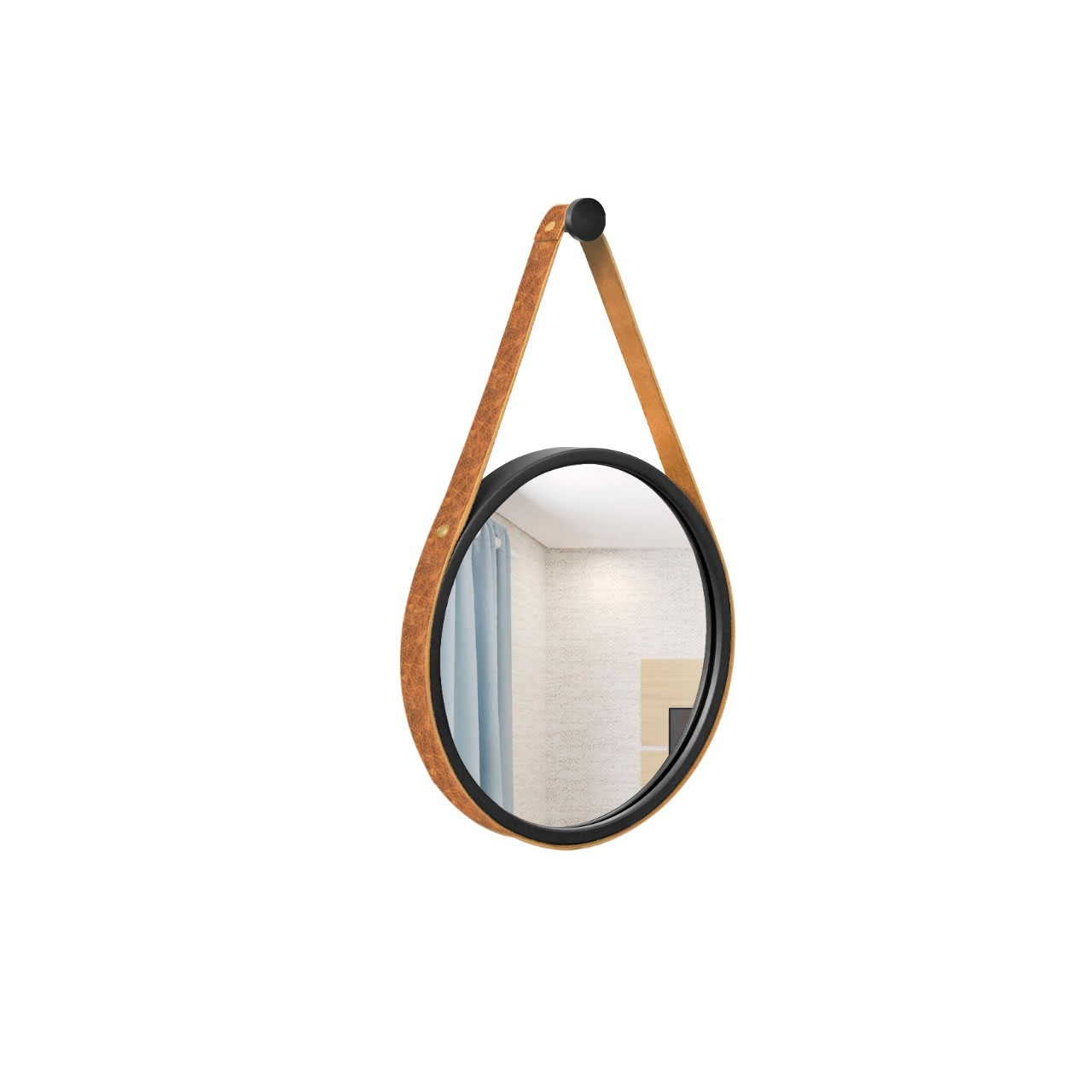 Espelho Decorativo Adnet Preto Alça Courino Rajada 30 Cm Redondo Preto/Rajado, 30 cm