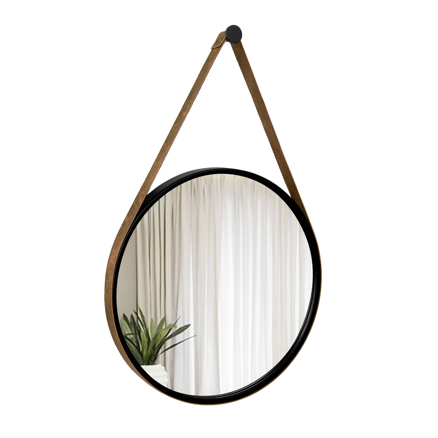Espelho Decorativo Adnet Preto Alça Courino Rajada 60 Cm Redondo Preto/Rajado, 60 cm