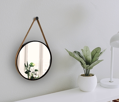 Espelho Decorativo Adnet Preto Alça Courino Rajada 60 Cm Redondo Preto/Rajado, 60 cm