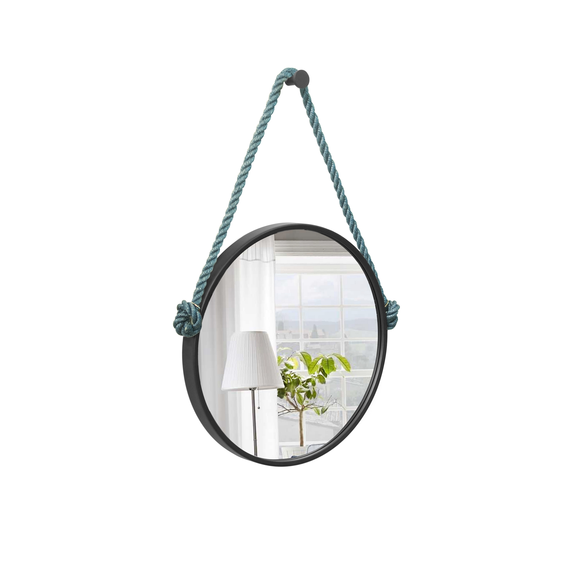 Espelho Decorativo Adnet Preto Alça Sisal Blue 60 Cm Redondo 60 cm