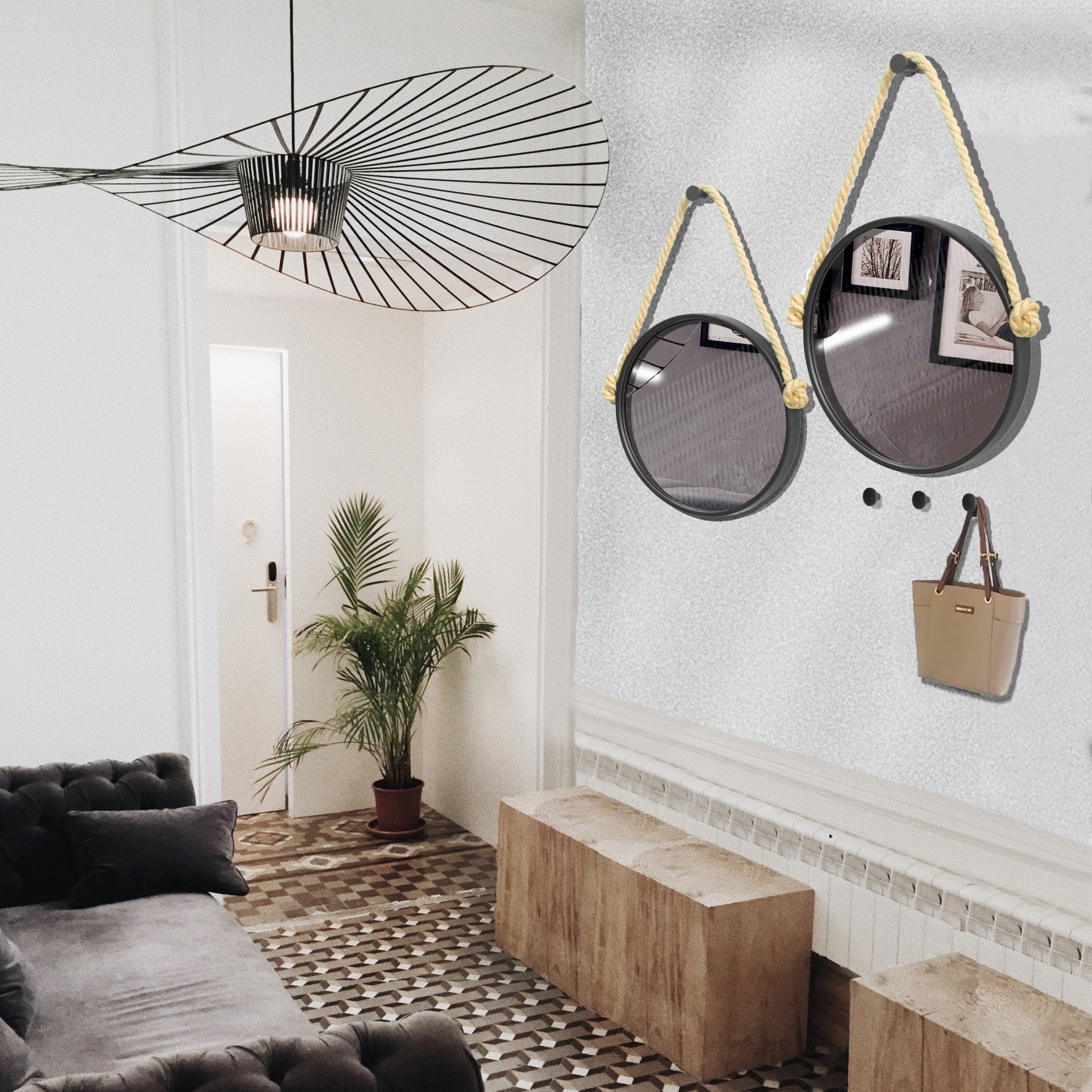 Espelho Decorativo Adnet Preto Alça Sisal Blue 60 Cm Redondo 60 cm