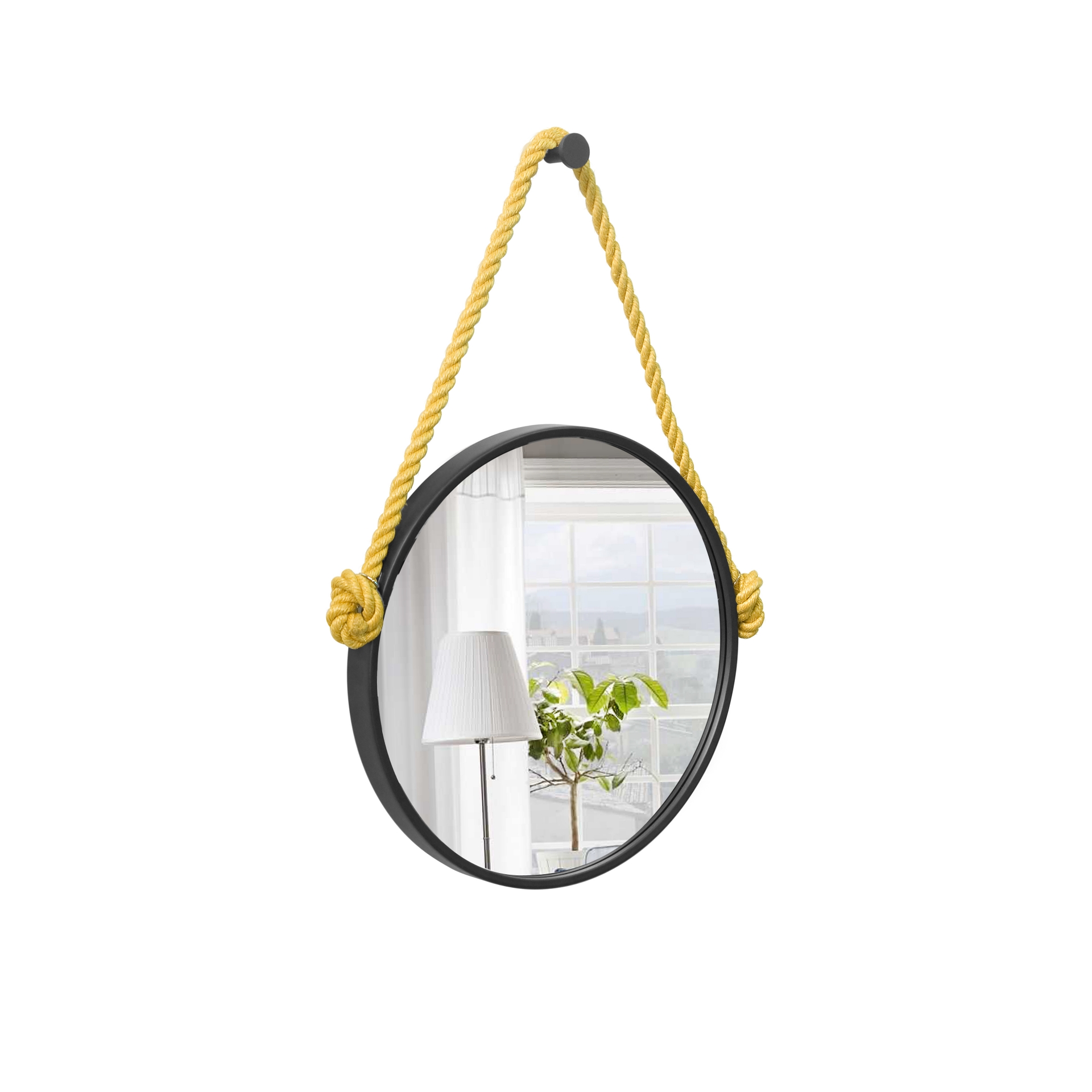 Espelho Decorativo Adnet Preto Alça Sisal Yellow 60 Cm Redondo 60 cm